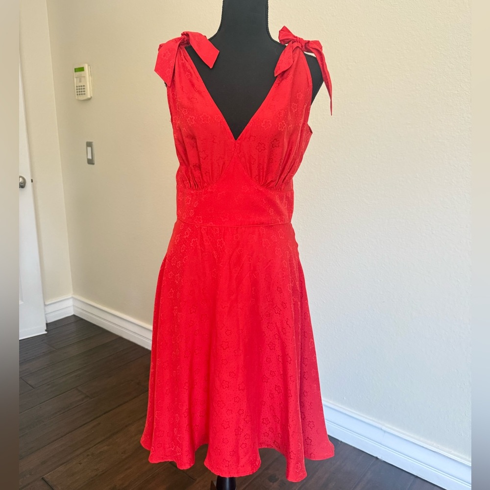 Red Ruffled V-Neck Midi Dress for Wedding Guest